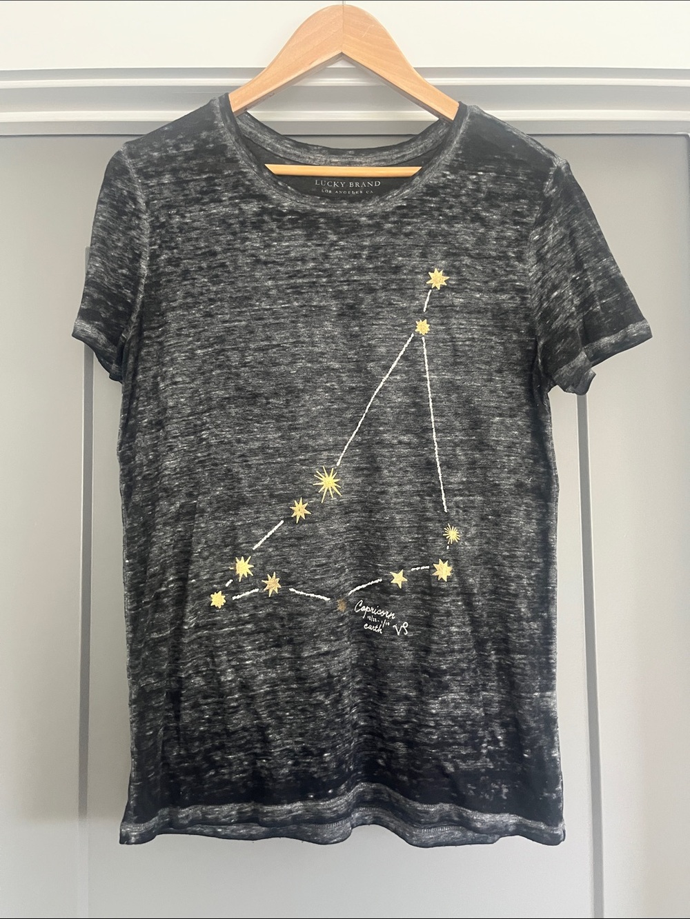 Lucky Brand Black Distressed Capricorn Tee with Gold Zodiac Chart - tshirt